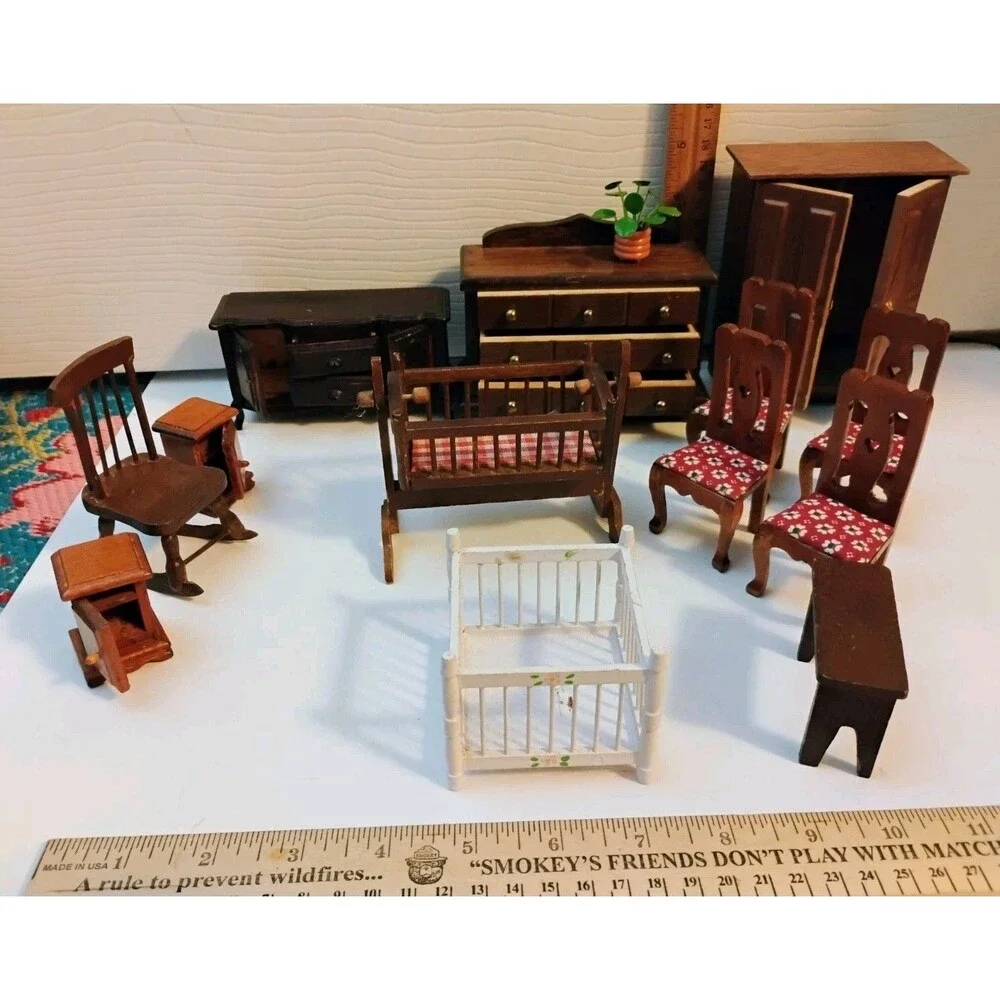 Vtg 1:12 Scale Wooden Dollhouse Furniture Lot Wardrobe Dresser Crib Chairs as-is